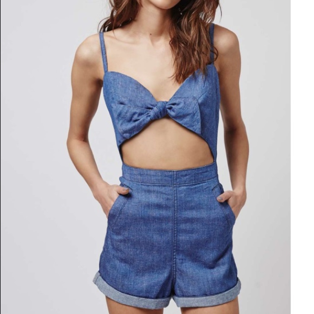 Topshop Tie Front Cut Out Denim Romper Jumpsuit Playsuit Shorts